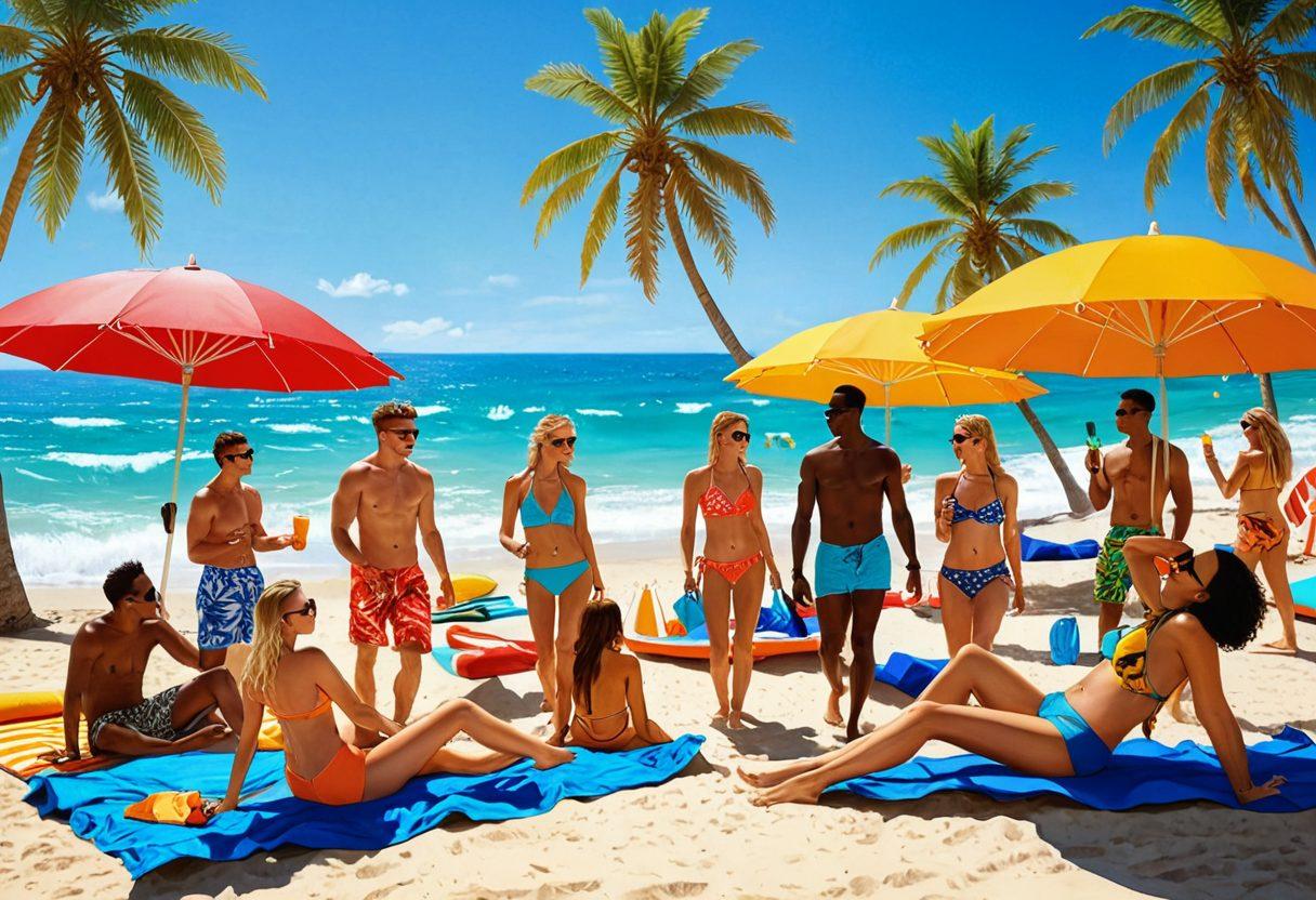 A sunny beach scene featuring a diverse group of stylish individuals wearing vibrant and trendy swimwear. Include colorful beach umbrellas, oversized sunglasses, and a refreshing drink in each person's hand. Capture the essence of summer fun with playful waves splashing in the background and palm trees swaying gently. Emphasize a festive and lively atmosphere, showcasing various swim attire styles. tropical, vibrant colors, super-realistic.