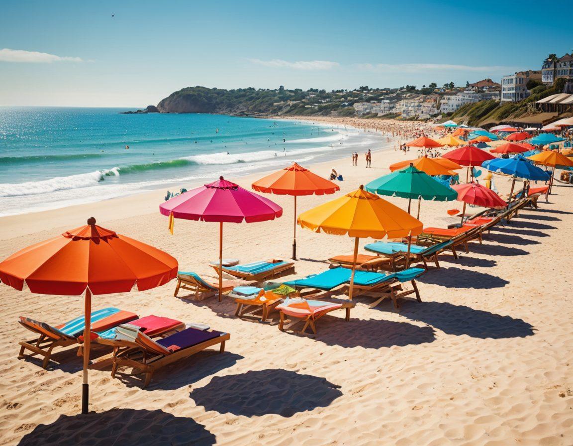 A vibrant beach scene featuring diverse individuals showcasing the latest swimwear trends, surrounded by colorful beach umbrellas and sun loungers. The sunlight creates a warm and inviting atmosphere, with waves gently crashing in the background. Incorporate playful elements like beach balls and sun hats to capture the essence of summer fun. Emphasize bright colors and a lively mood. super-realistic. vibrant colors. 3D.