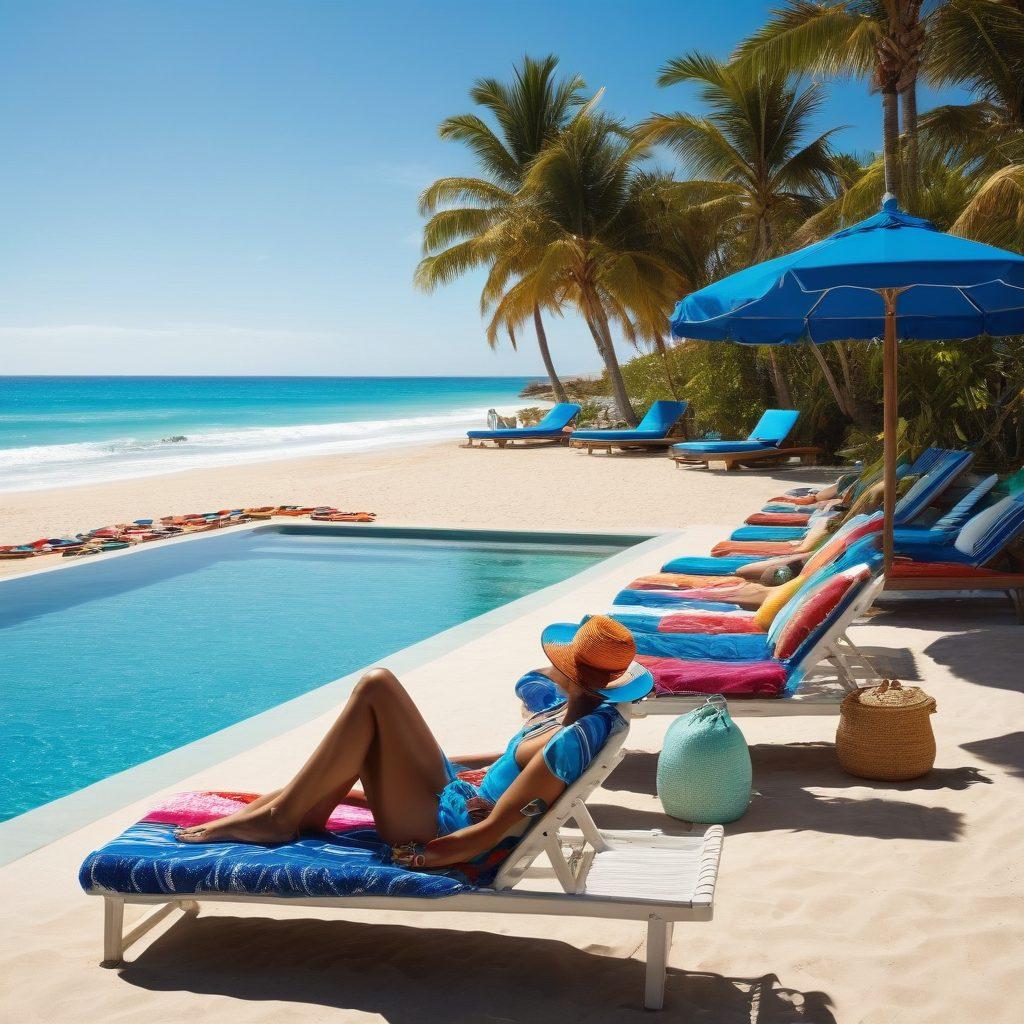 A vibrant beach scene showcasing a stylish poolside with fashionable beachwear displayed on sun loungers. Include a sunny sky, gentle waves in the background, and people enjoying the water in trendy swimwear. Capture an array of colorful beach accessories like hats, sunglasses, and towels. The overall ambiance should exude relaxation and summertime fun. super-realistic. vibrant colors. 3D.